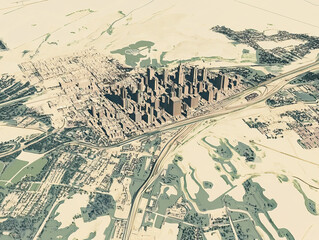 Fototapeta premium Technical aerial visual, 3D LiDAR GIS aerial map satellite scan model isolated, showing Tulsa , USA. Elevation, topography, render