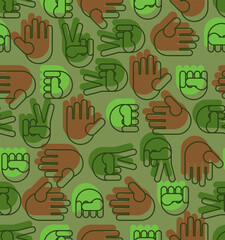 Rock, paper, scissors Military pattern seamless. Hand fist game army background. Fingers game camouflage ornament.