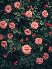 Naklejka premium Pink rose bush with green leaves