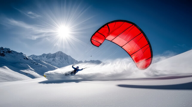 Snowkiting Adventure An exhilarating scene capturing the thrill of snowkiting against a backdrop of stunning snow-covered mountains and a radiant sun showcasing the excitement and beauty 