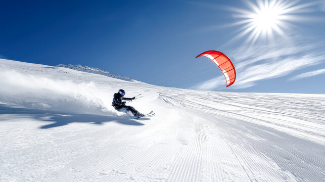Snowkiting Adventure An exhilarating scene capturing the thrill of snowkiting against a backdrop of stunning snow-covered mountains and a radiant sun showcasing the excitement and beauty 
