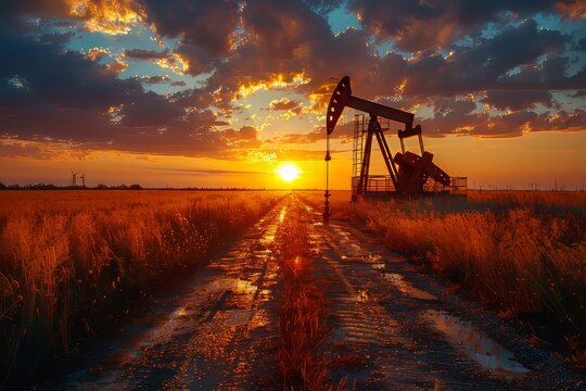 Industrial sunset  crude oil fields extraction for the fuel industry and petroleum processing