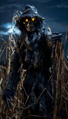 Fototapeta premium Eerie Halloween Scarecrow with Glowing Eyes in a Spooky Moonlit Field for Halloween Designs