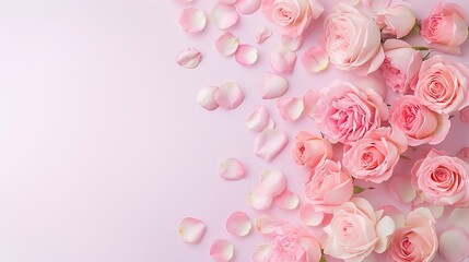 Obraz premium Pink roses with scattered petals on pastel pink background. Minimalist floral design with copy space. Perfect for romantic-themed banners, invitations, or greeting cards. Flat lay composition.