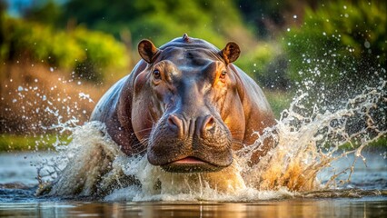 Mighty hippopotamus splashing in muddy water