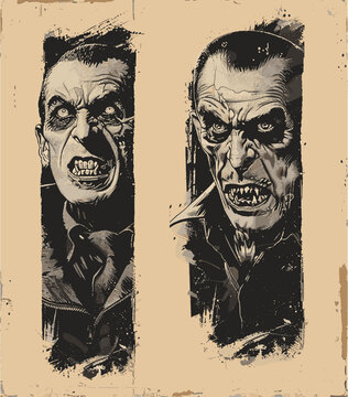 Dracula grange portraits. Vintage vampire evil face horror movie retro poster, halloween monster blood sucker head crepy scary faces sketch drawing on old paper vector illustration
