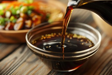 Soy Sauce. Close-Up of Pouring Soy Sauce into Wooden Bowl with Japanese and Chinese Food