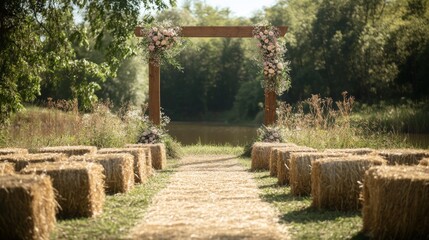 A charming outdoor wedding venue features a wooden arch adorned with flowers, hay bales for seating, and a serene lake backdrop on a sunny summer day.
