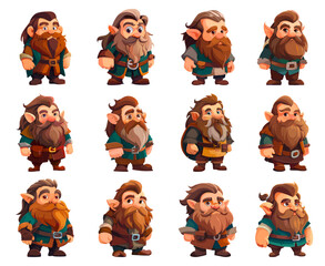 Dwarf characters set. Fairy tale gnome creature casual game strong male dwarfs character warrior beard fantasy man gnomes vector illustration