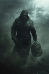 Hooded Robber Emerging from Fog with Stolen Goods - Tension and Eerie Atmosphere Stock Photo