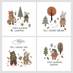 A set of 4 hand-drawn posters featuring a cute raccoon, fox, hedgehog, squirrel, leaves, and mushrooms on a white background. Perfect for children's textiles, scrapbooking paper, greeting cards, and n