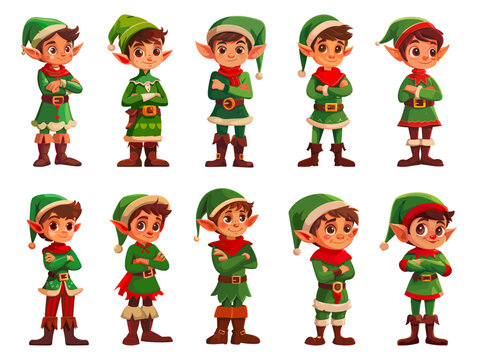 Elves characters set. Christmas elf child character gnome cute holiday little santa helper boy in green funny xmas costume and hat person vector illustration