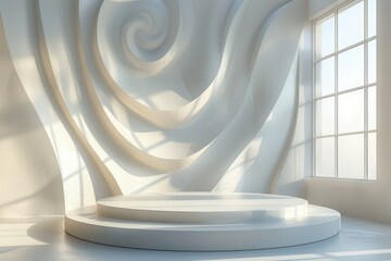 Elegant Curved Podium Casting Wavy Shadows in Bright Artist Studio