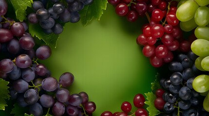 A playful composition of different colored grapes framed against a vibrant green background, celebrating nature's bounty.

