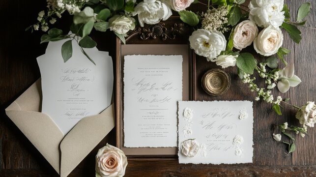 Beautifully crafted wedding invitations displayed alongside delicate flowers and soft greenery on a rustic table.