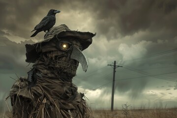 Fototapeta premium Menacing Halloween Scarecrow with Glowing Eyes and Crow in Desolate Field Under Ominous Clouds