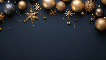 Luxury gold Christmas decorations on dark blue background. Xmas greeting card template, Happy New Year banner mockup