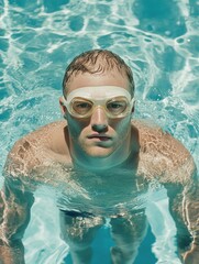 Naklejka premium Man in Swimming Pool Wearing Goggles