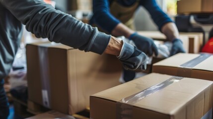 Professional Moving Service Team Packing Boxes with Careful Attention to Detail and Protective Materials