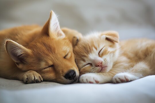 Cat and dog peacefully napping together   kitten and puppy in adorable nap photo