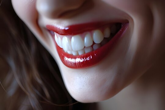 Dientes perfectos y bonitos de color blanco con labios pintados de rojo