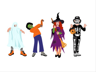 Set of kids in funny halloween costumes for party and trick or treat. Collection of children dressed in bright festival clothes. Happy girls and boys smiling. Vector illustration