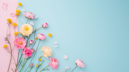 Pink and yellow flowers arranged on pastel blue and pink background. Creative floral layout with copy space. Ideal for springtime banners, invitations, or greeting cards. Flat lay composition.