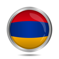 3D Armenian flag with round frame or circle shiny silver metal. Editable and scalable vector graphic illustration isolated on white background eps file.