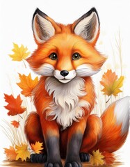 Obraz premium Colored pencil illustration of an autumn fox on a white background in a children's style, perfect for use in children's books, nursery decor, greeting cards, seasonal designs, educational materials