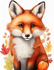 Obraz premium Colored pencil illustration of an autumn fox on a white background in a children's style, perfect for use in children's books, nursery decor, greeting cards, seasonal designs, educational materials