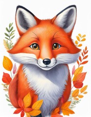 Obraz premium Colored pencil illustration of an autumn fox on a white background in a children's style, perfect for use in children's books, nursery decor, greeting cards, seasonal designs, educational materials