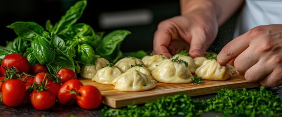 Preparing Dumplings, Pelmeni On Wooden Board, Close-Up, Traditional, Inviting