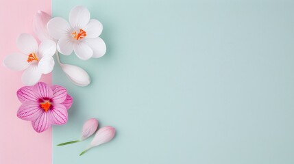 Naklejka premium Delicate White and Pink Crocus Flowers on Pastel Background - Minimalistic Floral Arrangement with Copy Space for Text - Perfect for Web Banners, Marketing Materials, Invitations, and Spring or Summer