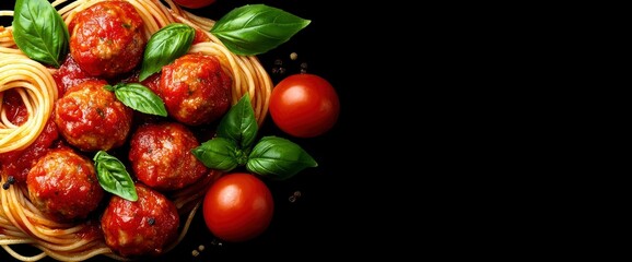 Full Frame Of Cooked Meatballs With Spaghetti And Tomato Sauce, Close-Up, Vibrant, Appetizing