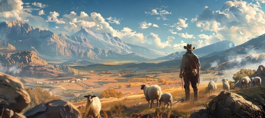 Wild West Rancher Herding Sheep Through a Majestic Valley with Sheepdog Companion