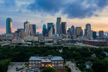 Fototapeta premium Sunset and stormclouds over downtown, Dallas, Texas, United States of America.