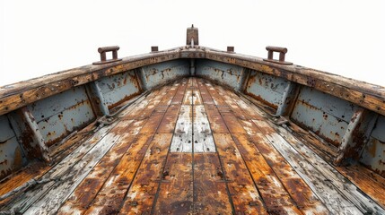 Weathered wooden boat bow on an overcast day at a tranquil coastal location