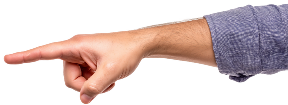 A male hand pointing with an index finger, showcasing strong focus and direction.
