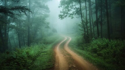 Obraz premium Curvy dirt path winding through dense foggy forest at dawn