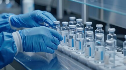 In a busy pharmaceutical factory, a skilled worker carefully handles vaccine vials, demonstrating the precision and dedication essential to the complex vaccine production process from start to finish