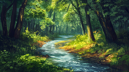 Fototapeta premium An illustration of a tranquil forest clearing, where a gentle stream winds through the trees, surrounded by lush greenery