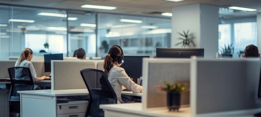 Lonely Office Environment with Stressed Employees Working in Isolated Cubicles - Stock Photo