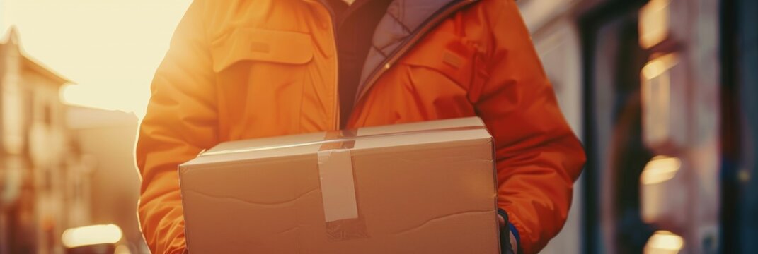 Delivery Person with Package at Doorstep for E-commerce Logistics, Close-up of Individual Holding Box for Shipping Services