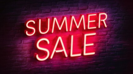 A neon sign that says summer sale on a brick wall, AI