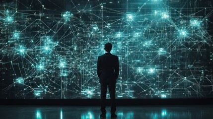 Man Observing Complex Data Network on Giant Screen