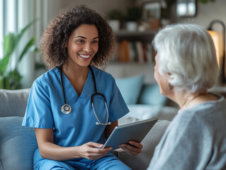 Healthcare professional engages in a friendly conversation with an elderly patient in a cozy living room setting during the day