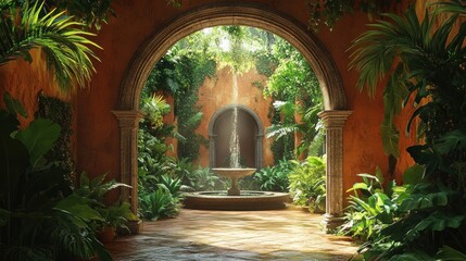 Fototapeta premium A Tranquil Patio with a Stone Fountain