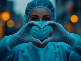 Medical professional makes a heart gesture with hands while wearing personal protective equipment in an urban setting during twilight