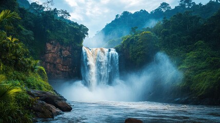 Fototapeta premium Majestic Waterfall in Lush Rainforest