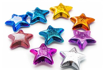 Obraz premium Star Stickers. Shiny Silver Star Shape Stickers in Various Colours on White Background